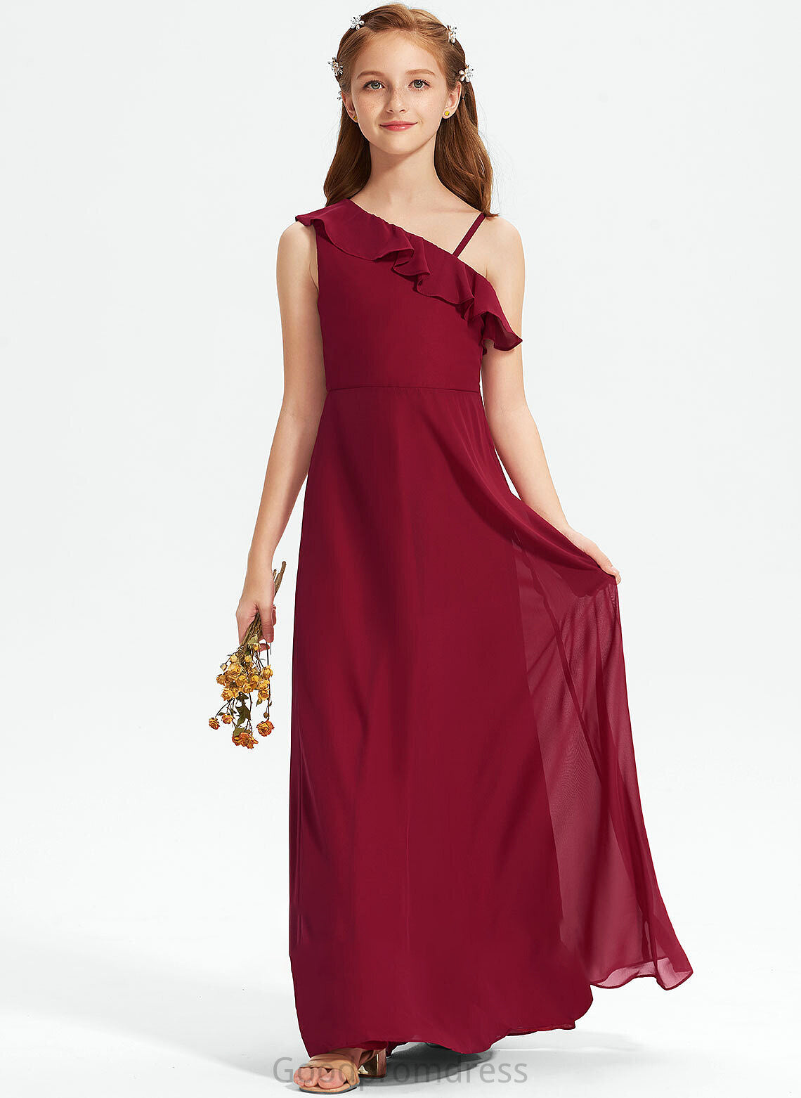 One-Shoulder A-Line Ruffles Chiffon Floor-Length With Junior Bridesmaid Dresses Nevaeh