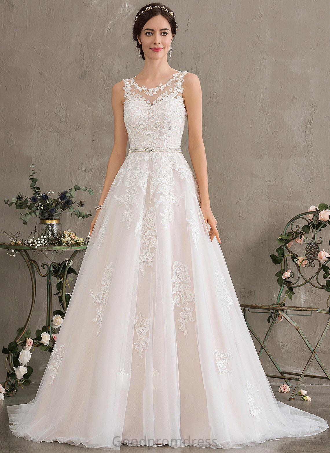 Tulle Beading Scoop Ball-Gown/Princess Train Wedding Dresses Sequins Neck Caroline Wedding With Dress Court