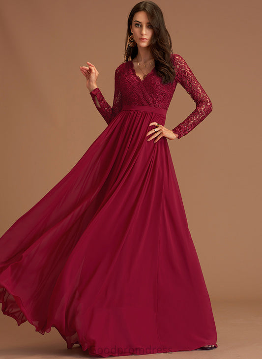 Lace Long Sleeves Danica A-line Maxi V-Neck Chiffon Chiffon Dresses Club Dresses
