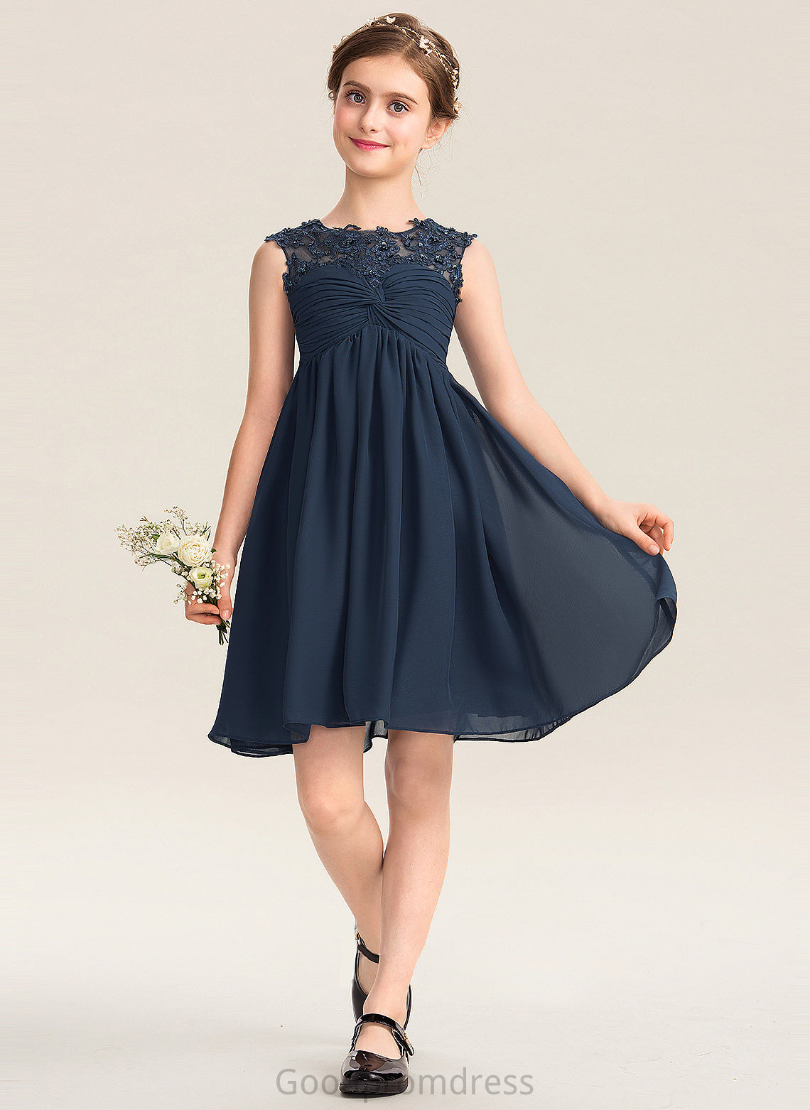 Neck Beading With Knee-Length Sequins Chiffon Dania Ruffle Scoop Junior Bridesmaid Dresses Lace Empire