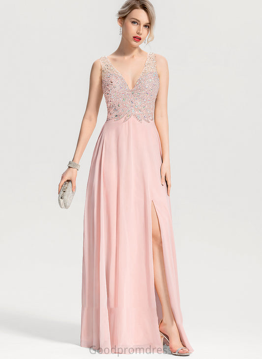 Beading Sequins Madyson Chiffon A-Line Prom Dresses Front Floor-Length Split With V-neck