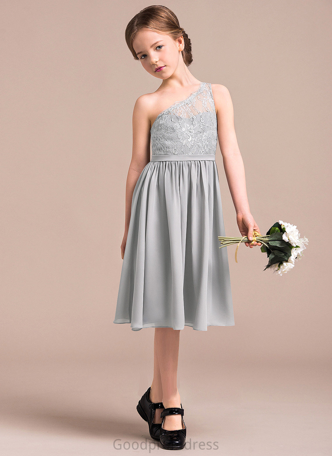 A-Line Chiffon Knee-Length Lace Junior Bridesmaid Dresses Saniyah One-Shoulder