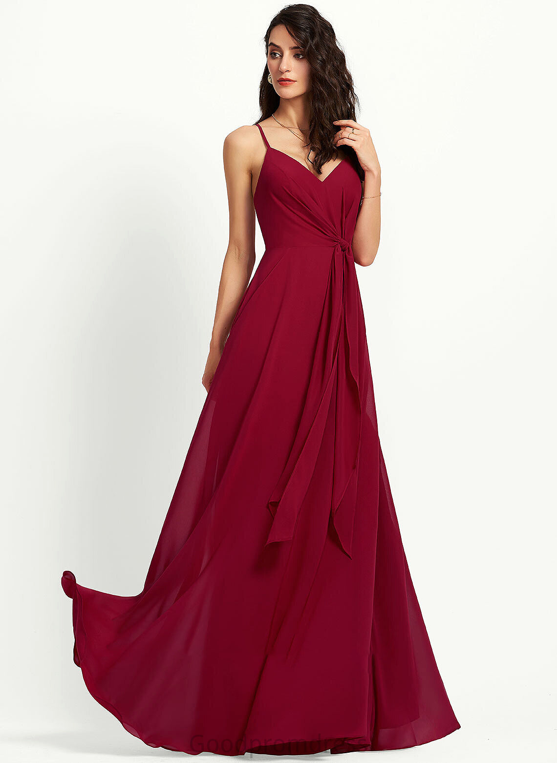 A-Line Neckline Floor-Length Silhouette Embellishment Ruffle Fabric Length V-neck Ashley Natural Waist A-Line/Princess Bridesmaid Dresses