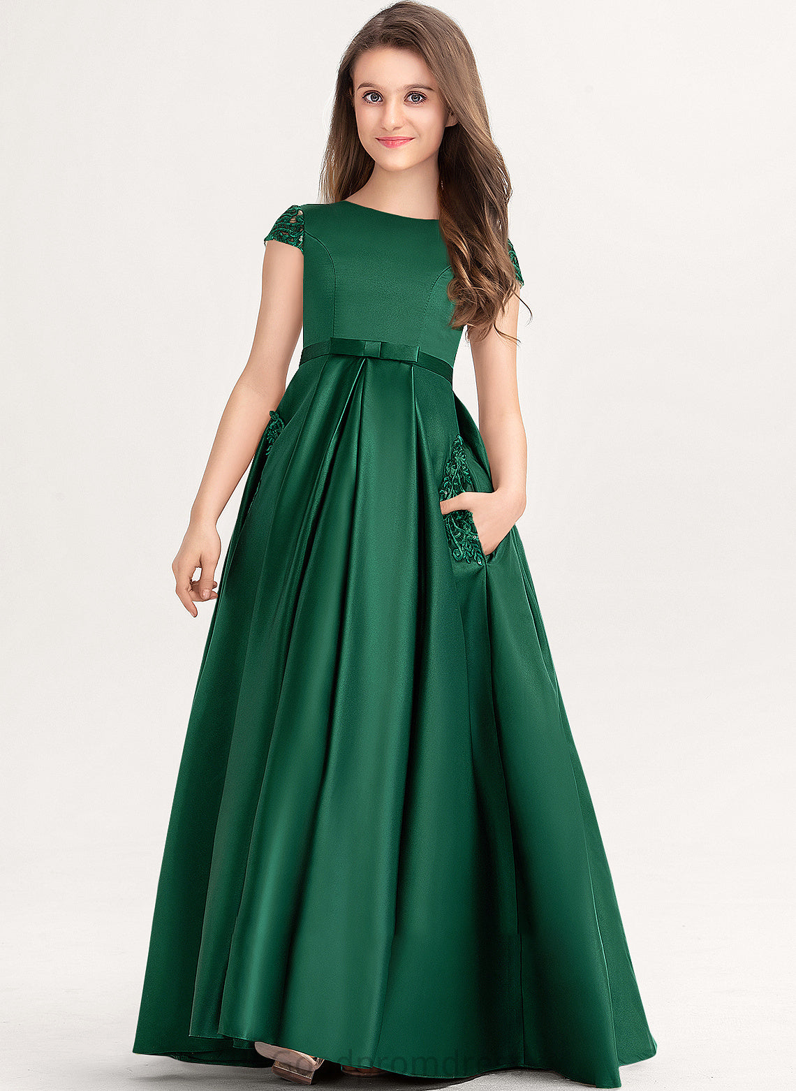 Neck Junior Bridesmaid Dresses Satin Bow(s) Alaina Scoop Ball-Gown/Princess Lace Pockets With Floor-Length