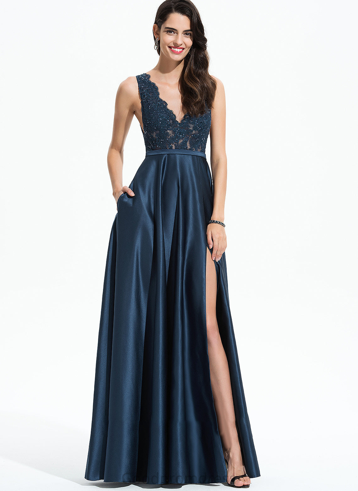 V-neck Satin Sanaa Split Floor-Length With Pockets Prom Dresses Lace Sequins Front A-Line