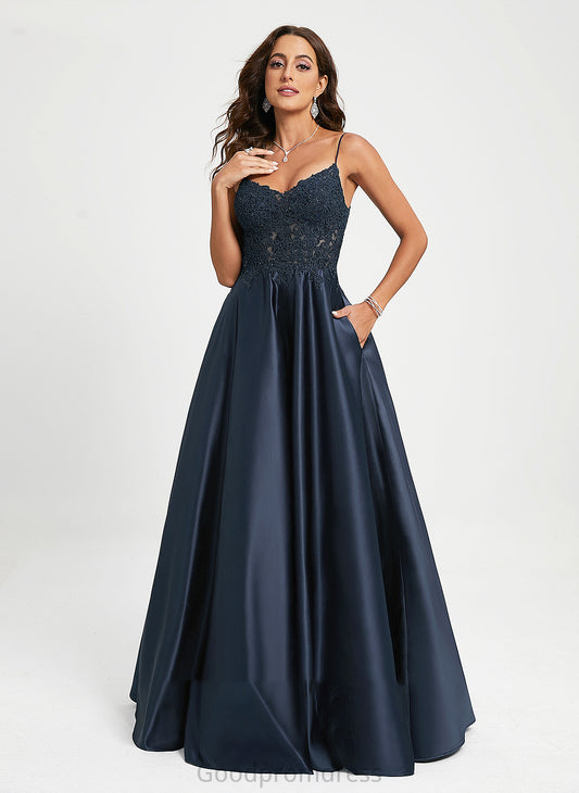 A-Line Averie Lace Floor-Length With Prom Dresses Sequins Satin V-neck