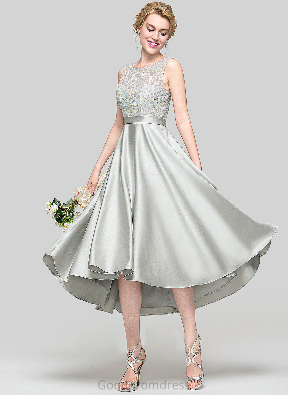 ScoopNeck Satin Silhouette Length Neckline Straps A-Line Fabric Lace Asymmetrical Savannah Sleeveless Bridesmaid Dresses