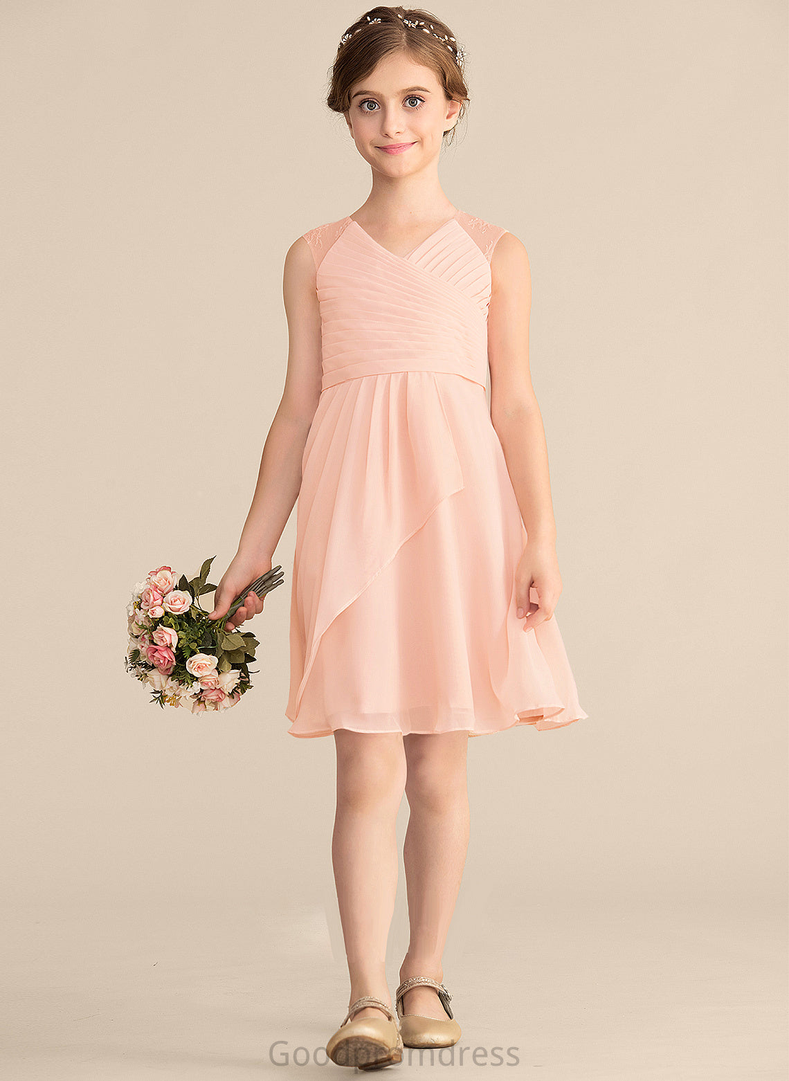 A-Line With Cascading Nathaly Knee-Length V-neck Chiffon Junior Bridesmaid Dresses Ruffles Lace