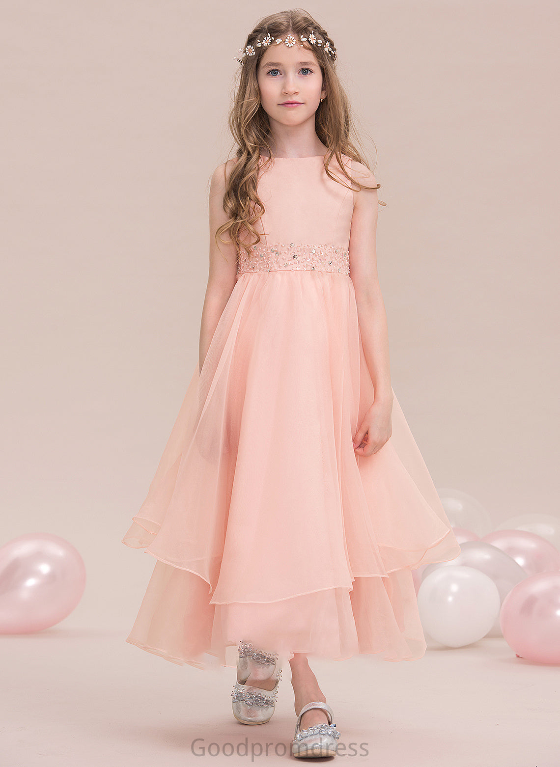 Organza Scoop Beading Sequins Neck A-Line Junior Bridesmaid Dresses With Amirah Ankle-Length