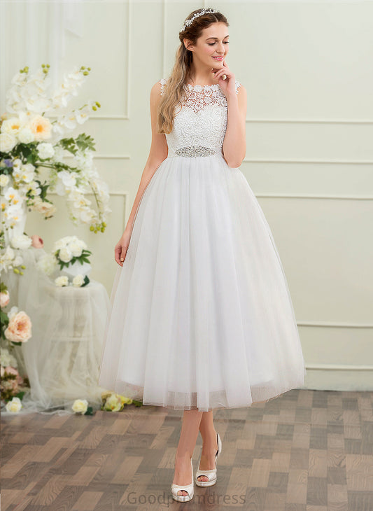 Dalia Scoop Tulle Ball-Gown/Princess Beading Wedding Dresses Neck Sequins Wedding Dress With Tea-Length