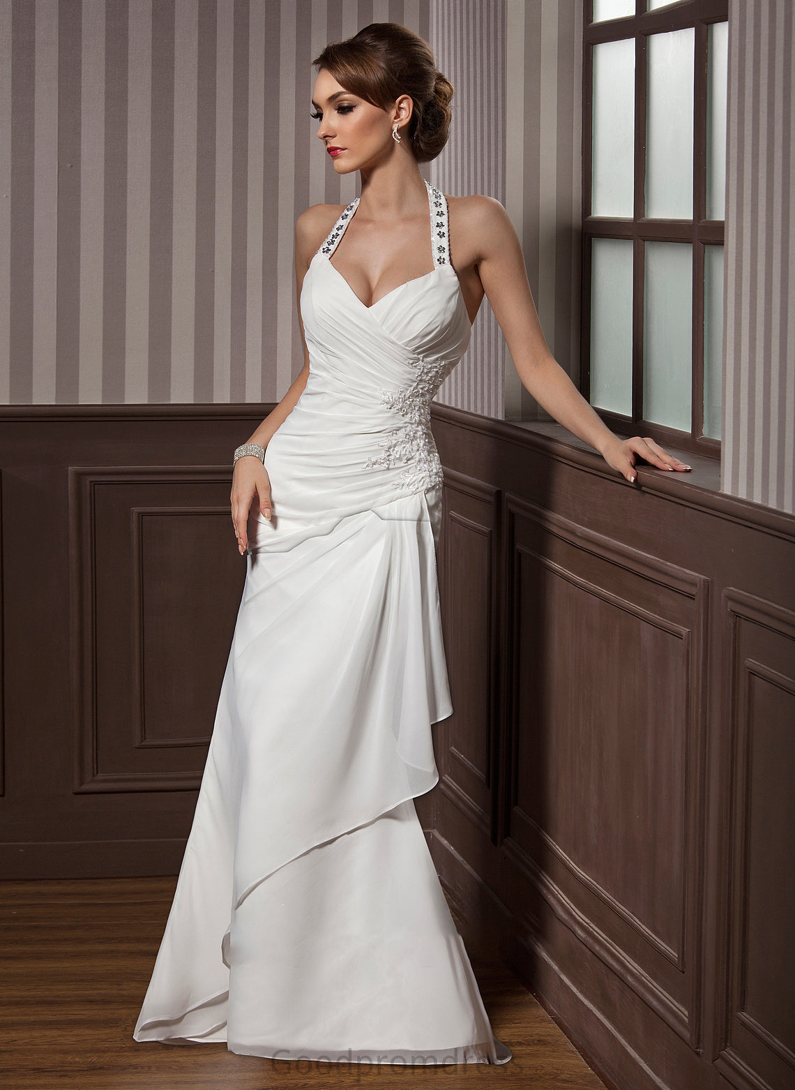 Chiffon Floor-Length Wedding Dresses Wedding Satin Dress Sheath/Column Lola With Appliques Beading Ruffle Lace Sequins Halter