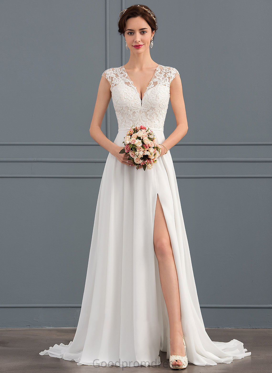 Split Train V-neck A-Line Sweep Wedding Dresses Wedding Dress Front Chiffon Crystal With