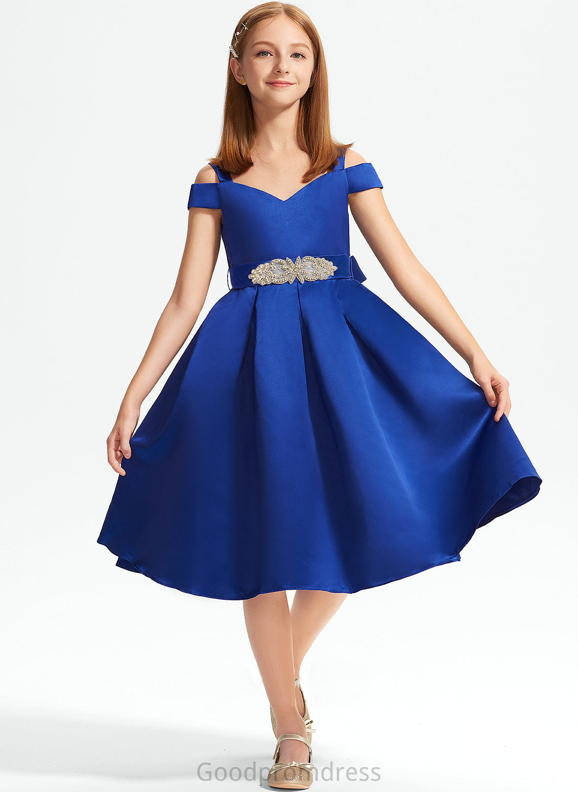 Off-the-Shoulder Satin With A-Line Junior Bridesmaid Dresses Bow(s) Ashly Beading Knee-Length