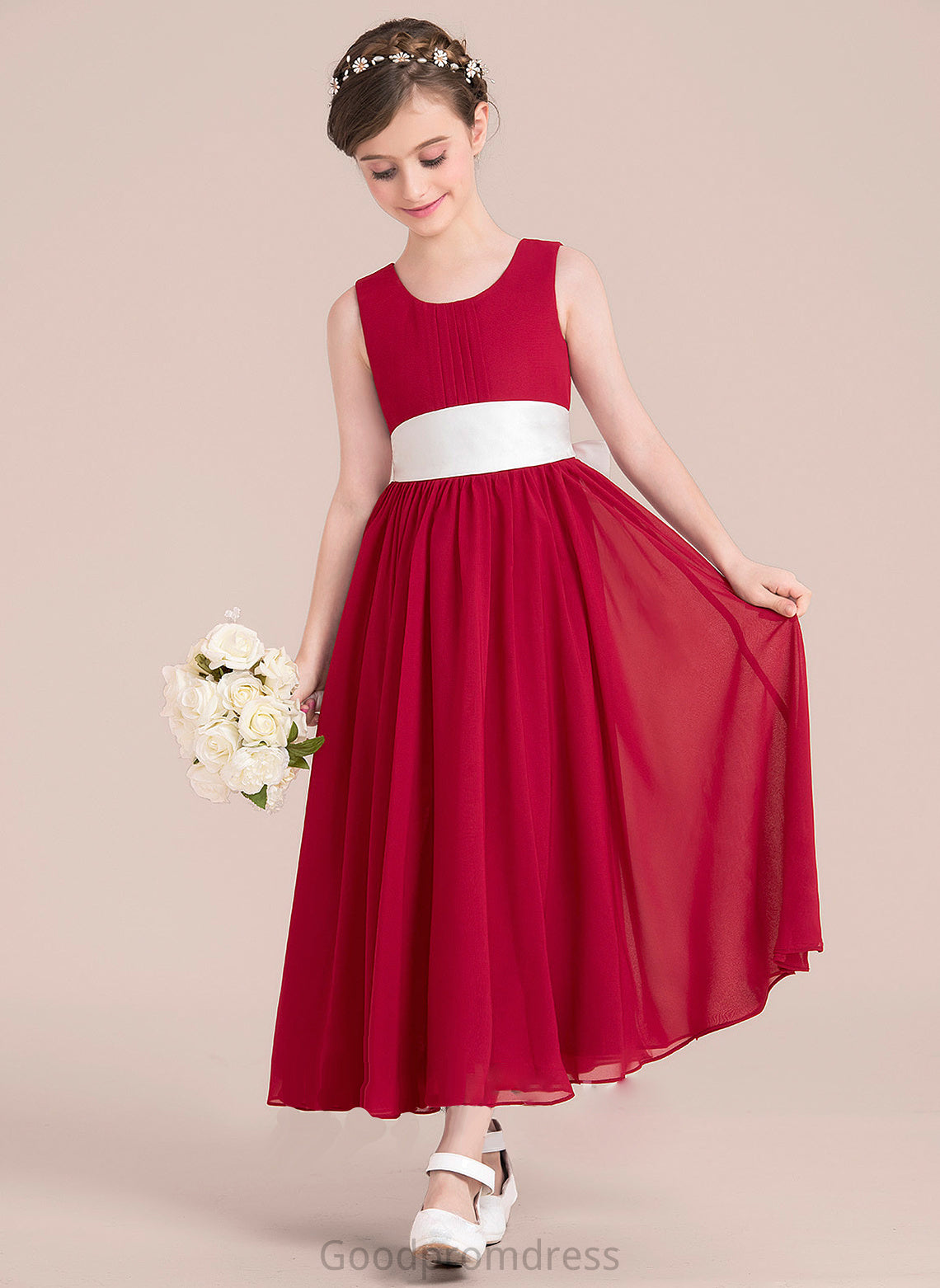 Junior Bridesmaid Dresses Sash Ankle-Length A-Line Scoop With Neck Empire Chiffon Keyla Bow(s)