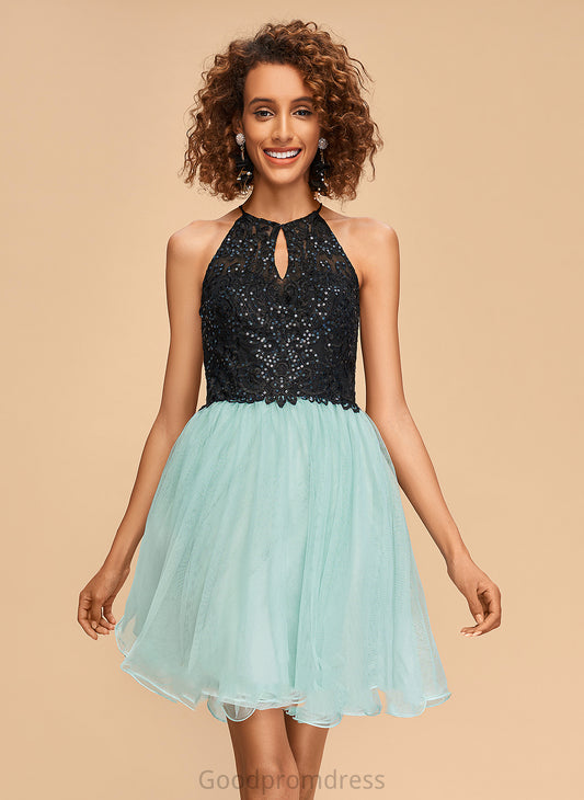 With Lyric Scoop Sequins Neck Homecoming Dresses A-Line Homecoming Short/Mini Tulle Dress