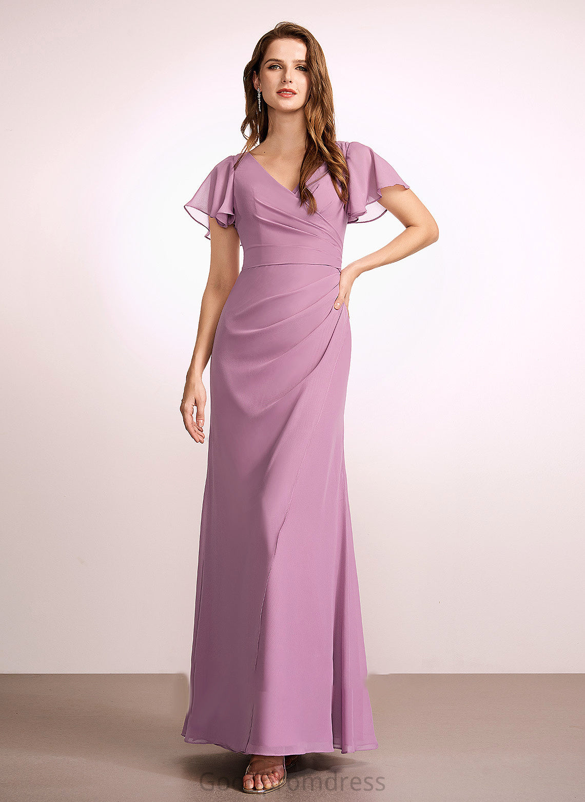 Floor-Length Fabric Neckline Embellishment Ruffle Sheath/Column Silhouette Length V-neck Angel Sleeveless A-Line/Princess Bridesmaid Dresses