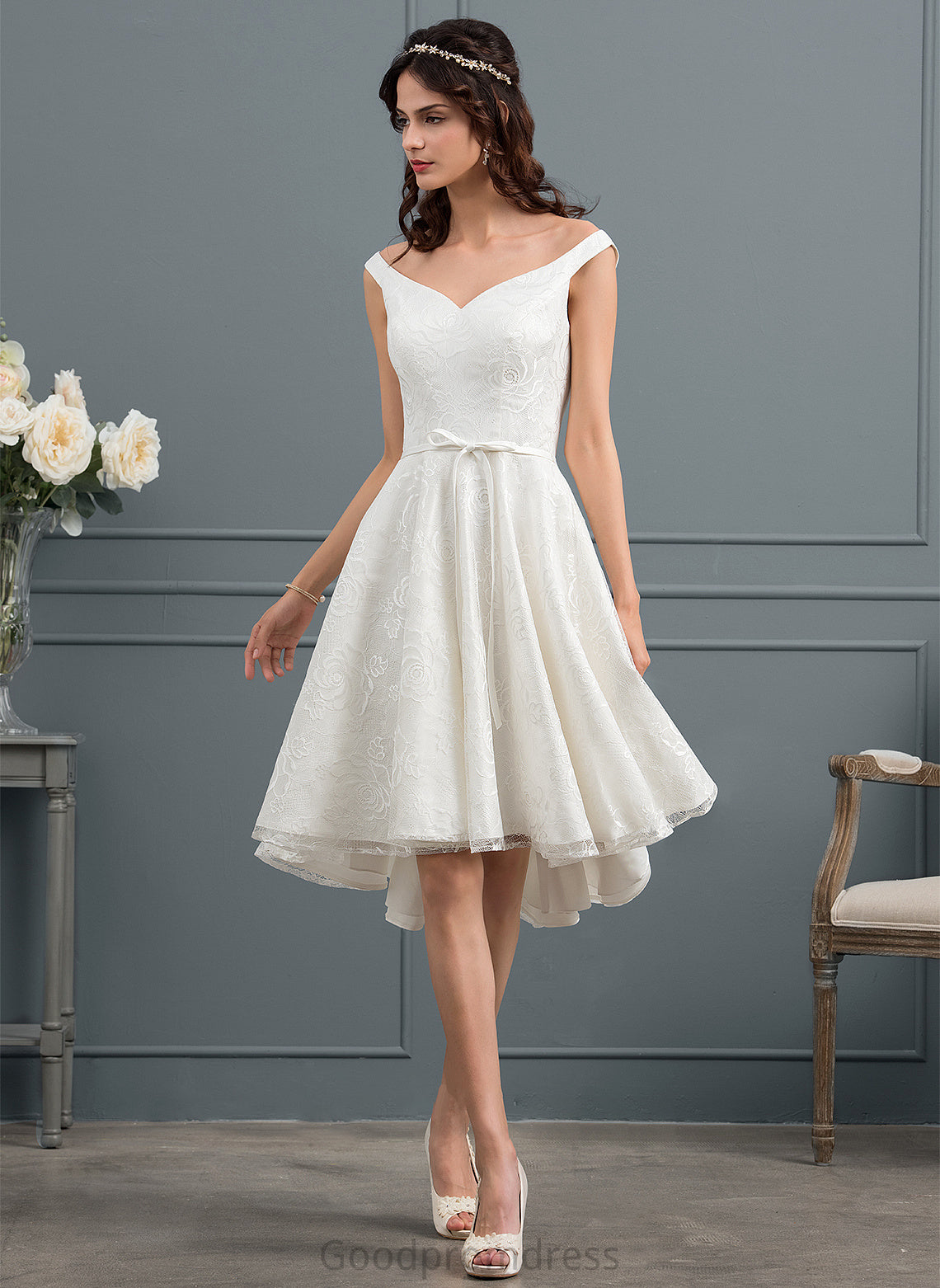 Asymmetrical Nevaeh Lace With Wedding Bow(s) A-Line Dress Wedding Dresses