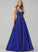 Prom Dresses A-Line Satin With Esmeralda Lace Floor-Length V-neck Sequins