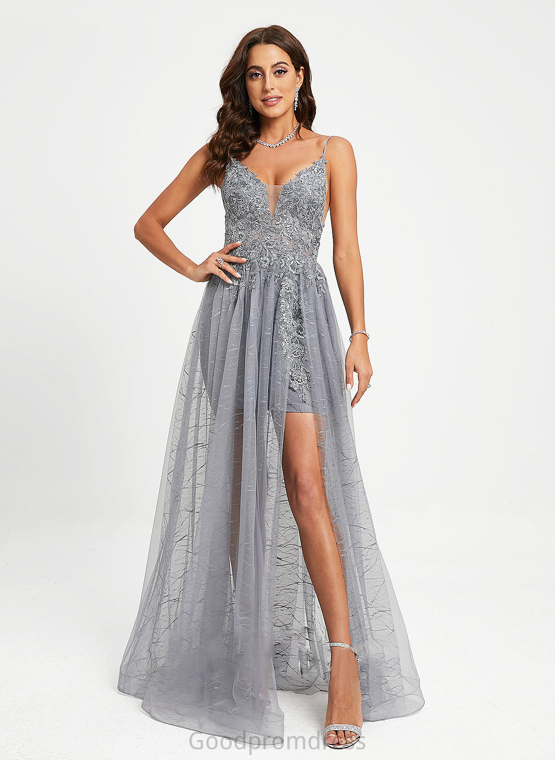 Lace Sequins With Cali Ball-Gown/Princess Floor-Length Prom Dresses Tulle V-neck
