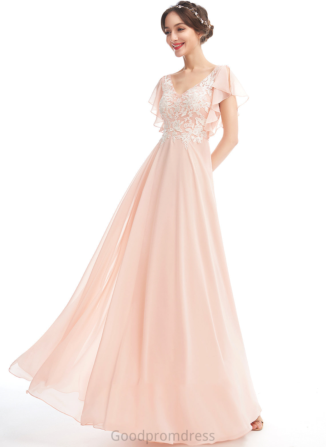 A-Line Ruffle V-neck Floor-Length Silhouette Fabric Embellishment Length Neckline Sierra Scoop Sleeveless Bridesmaid Dresses