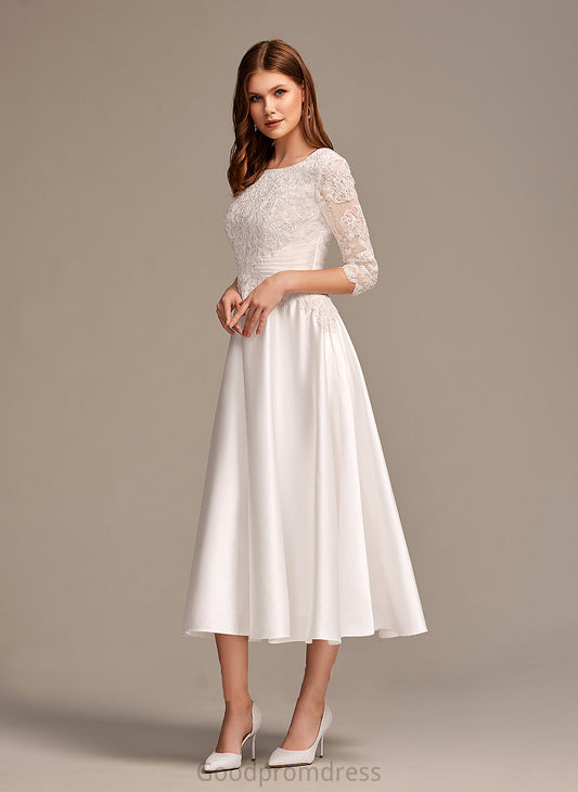 A-Line Leslie Wedding Dresses Neck Scoop With Wedding Tea-Length Pockets Dress
