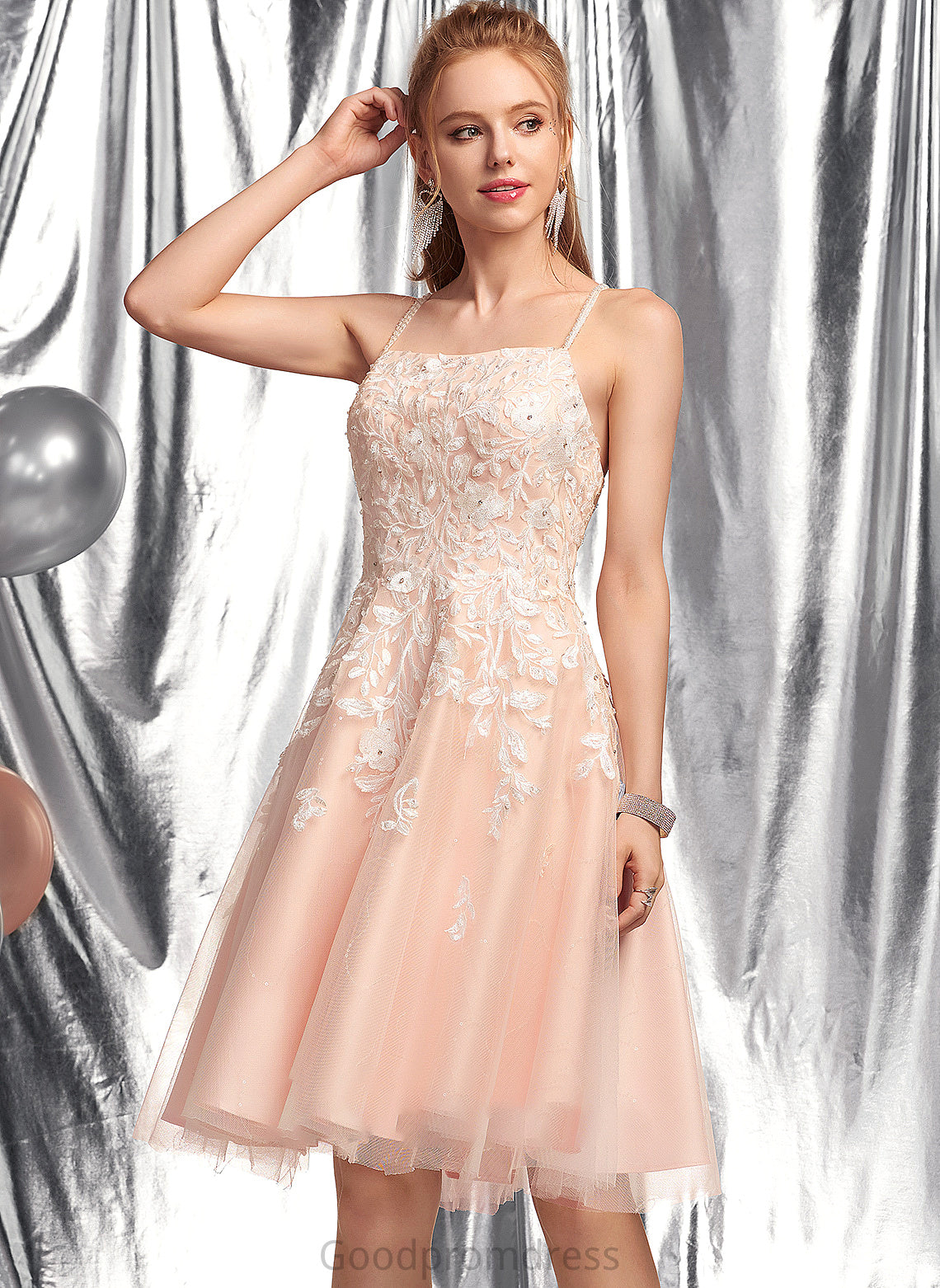 Prom Dresses Sequins With Neckline Square Beading Knee-Length A-Line Tulle Iris
