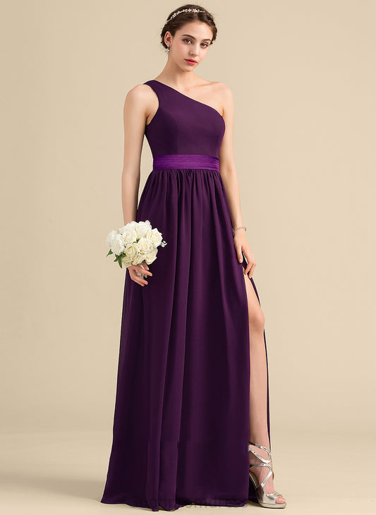 A-Line Ruffle SplitFront Fabric Neckline Silhouette Floor-Length One-Shoulder Length Embellishment Lara Tea Length Bridesmaid Dresses