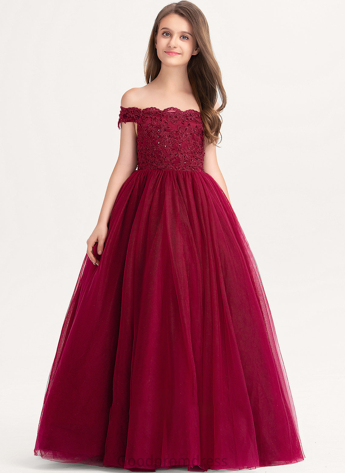 Lace With Aliyah Beading Junior Bridesmaid Dresses Ball-Gown/Princess Sequins Floor-Length Tulle Off-the-Shoulder