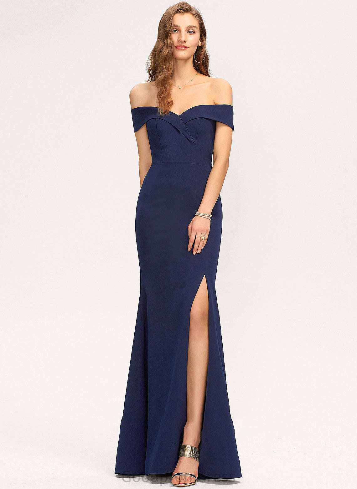 Length Fabric Embellishment Silhouette Trumpet/Mermaid Floor-Length SplitFront Neckline Off-the-Shoulder Azul V-Neck Sleeveless Bridesmaid Dresses