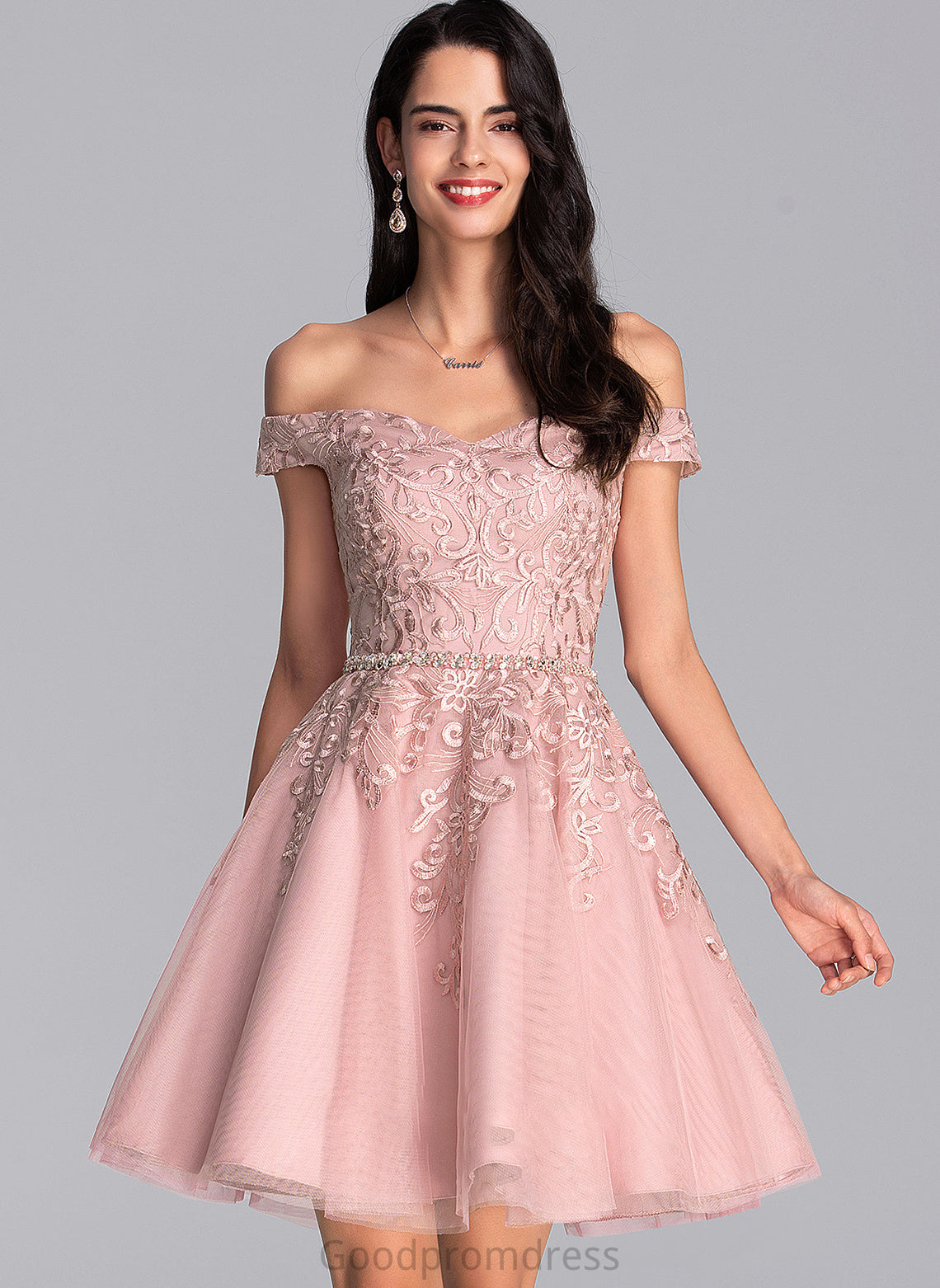 Tulle Sequins With Beading Short/Mini Elaina Off-the-Shoulder Prom Dresses A-Line