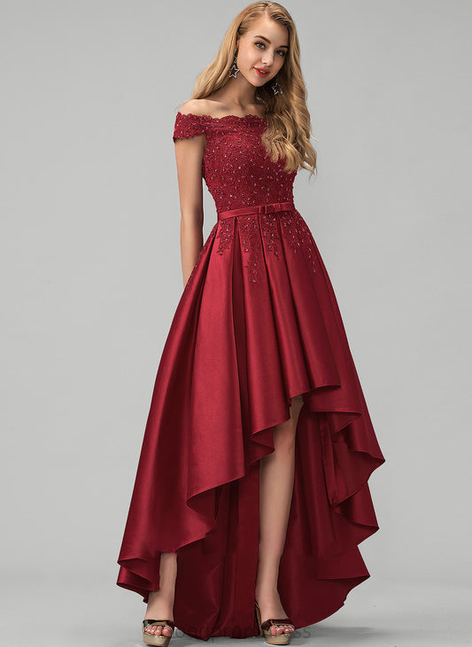 Beading Sequins Prom Dresses Off-the-Shoulder Ball-Gown/Princess Asymmetrical Lace Bow(s) Satin Mariyah With
