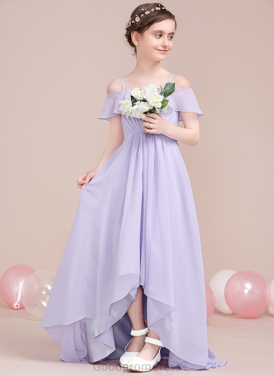 Ruffles Asymmetrical Karlee Junior Bridesmaid Dresses Off-the-Shoulder With A-Line Chiffon Cascading