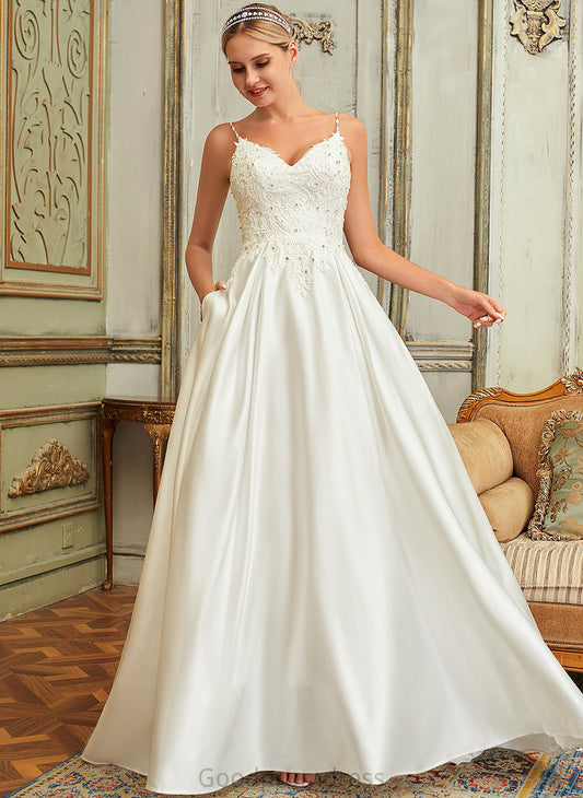 Lace Wedding Dresses Pockets With Satin Train V-neck Lace Sweep Ball-Gown/Princess Sequins Kenley Beading Dress Wedding
