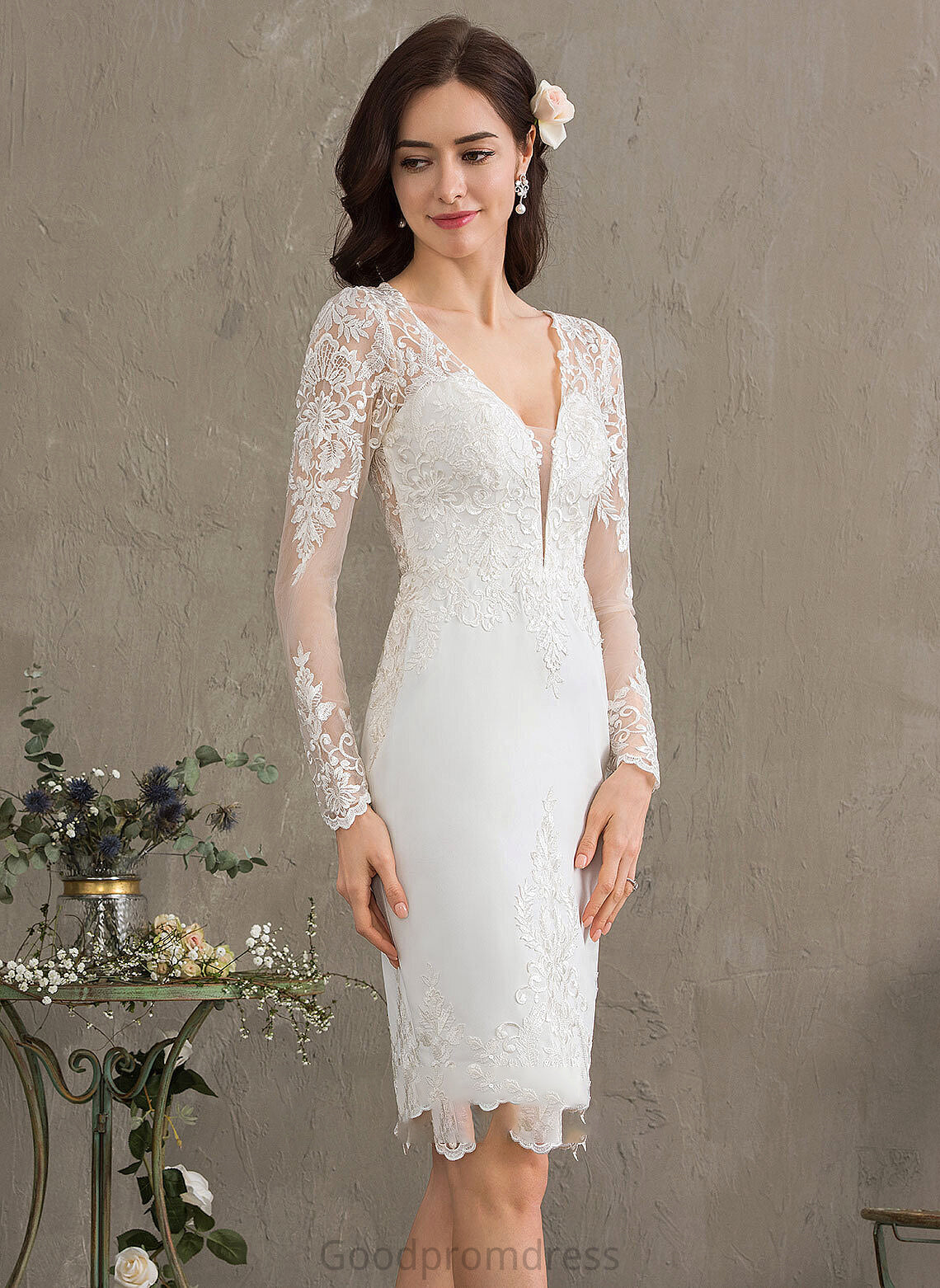 Crepe Sheath/Column V-neck Stretch Dress Wedding Dresses Knee-Length Maureen Wedding