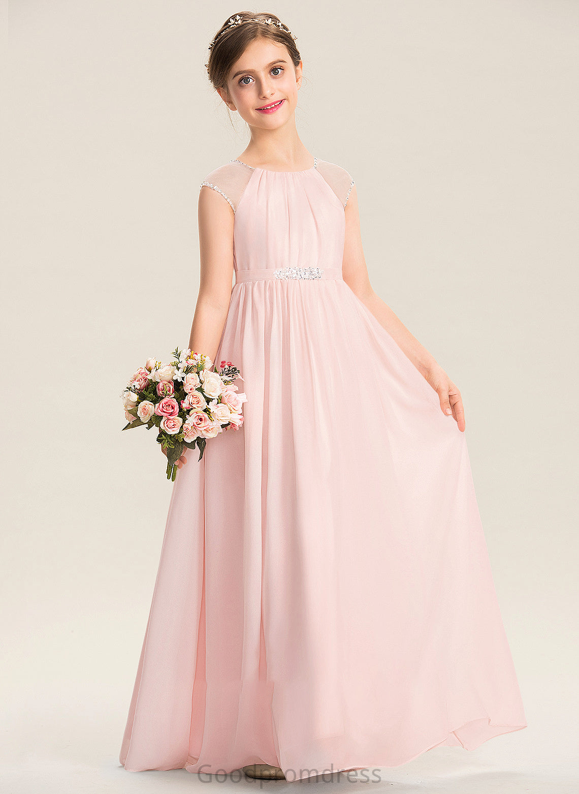 A-Line Chiffon Scoop Junior Bridesmaid Dresses Sequins Floor-Length Neck With Amelie Beading