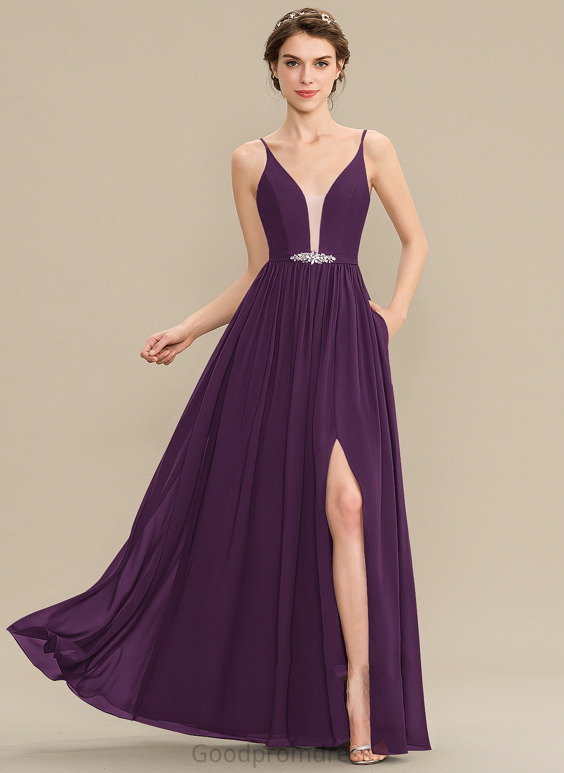 Embellishment Beading Fabric Neckline Floor-Length Silhouette Pockets A-Line V-neck Length SplitFront Sequins Bridesmaid Dresses