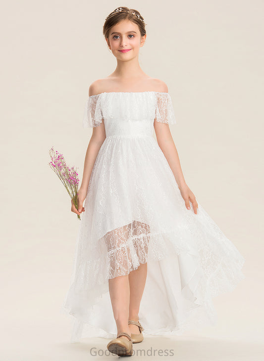 A-Line Una Asymmetrical Lace Off-the-Shoulder Junior Bridesmaid Dresses