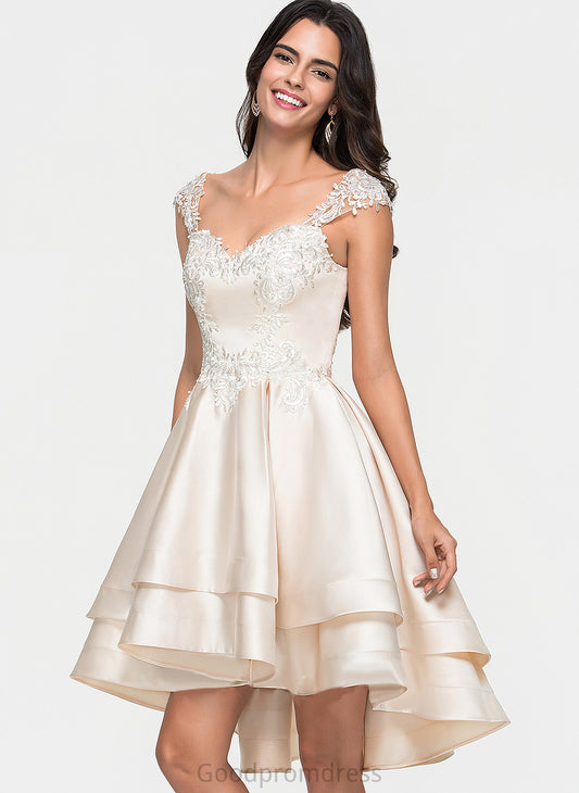 Beading Satin Prom Dresses Lace Asymmetrical Peyton Sweetheart With Ruffles A-Line Cascading