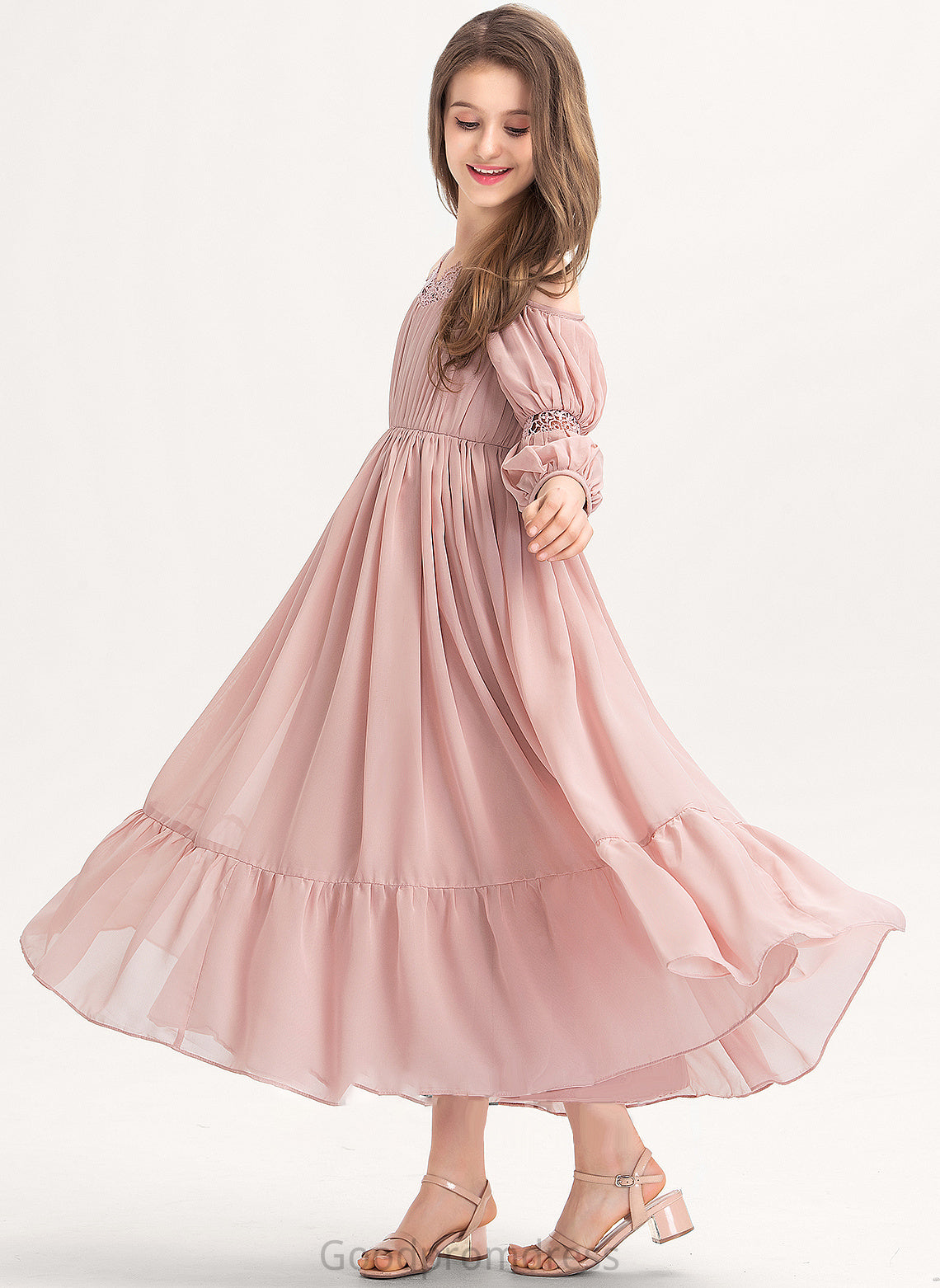 Neckline Lace Ankle-Length Square With Chiffon Ruffle A-Line Junior Bridesmaid Dresses Nina