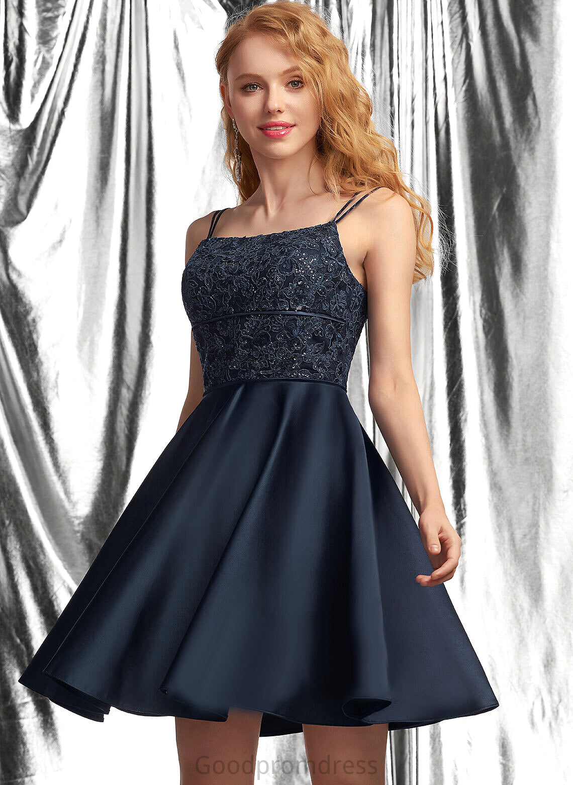 Lace Prom Dresses Satin Neckline Sequins Danica Short/Mini A-Line Square With