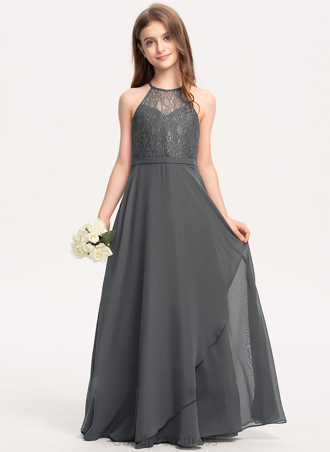 Neck Lace A-Line Junior Bridesmaid Dresses With Chiffon Eleanor Cascading Ruffles Floor-Length Scoop
