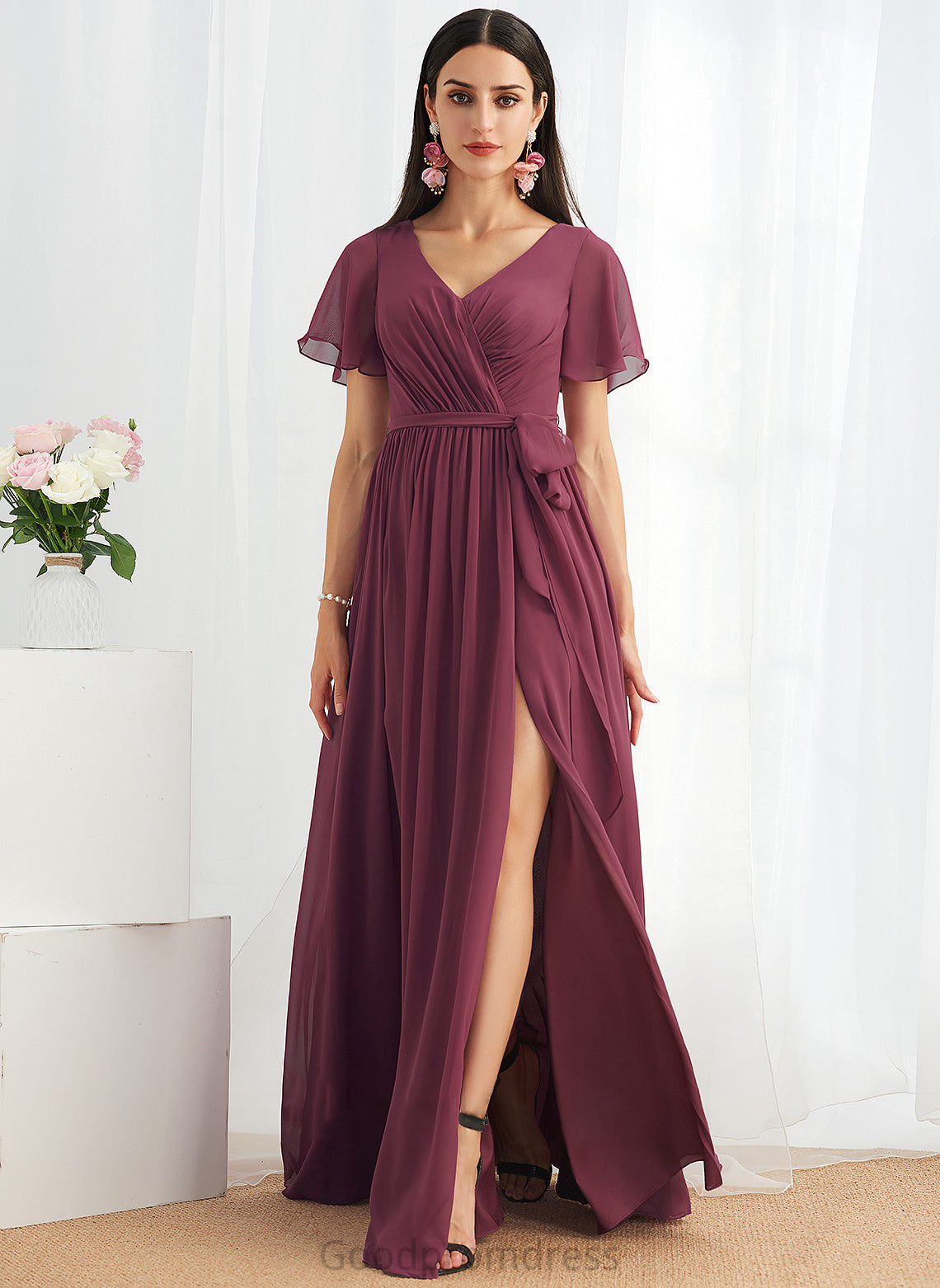 Floor-Length SplitFront A-Line V-neck Silhouette Neckline Length Fabric Embellishment Rebecca Straps A-Line/Princess Bridesmaid Dresses