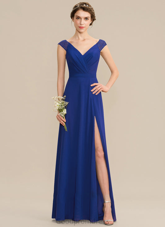 A-Line Fabric V-neck Length Embellishment SplitFront Floor-Length Ruffle Silhouette Neckline Delaney Sleeveless Bridesmaid Dresses