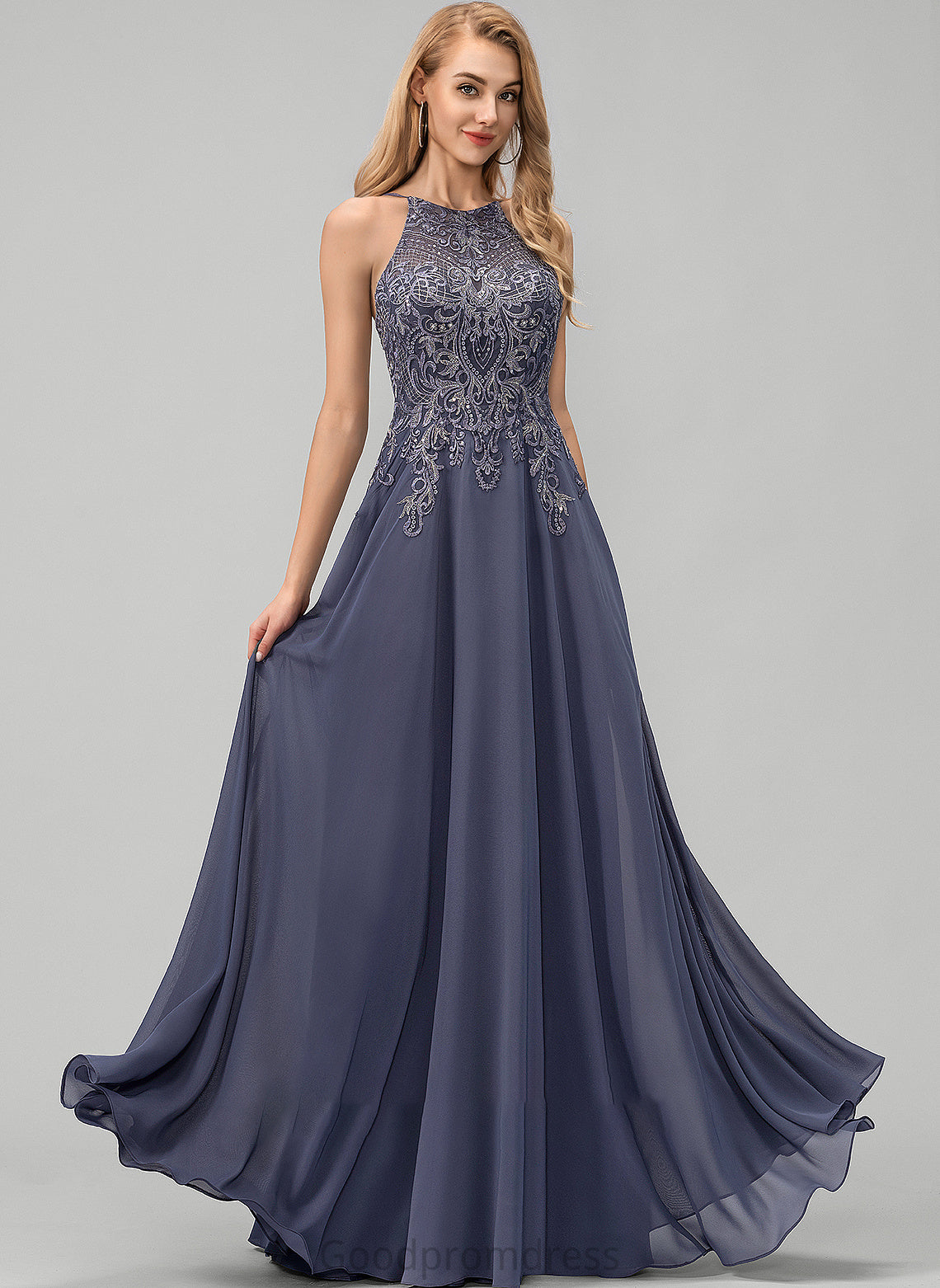 With Lace Neck Prom Dresses A-Line Rylie Sequins Scoop Floor-Length Chiffon