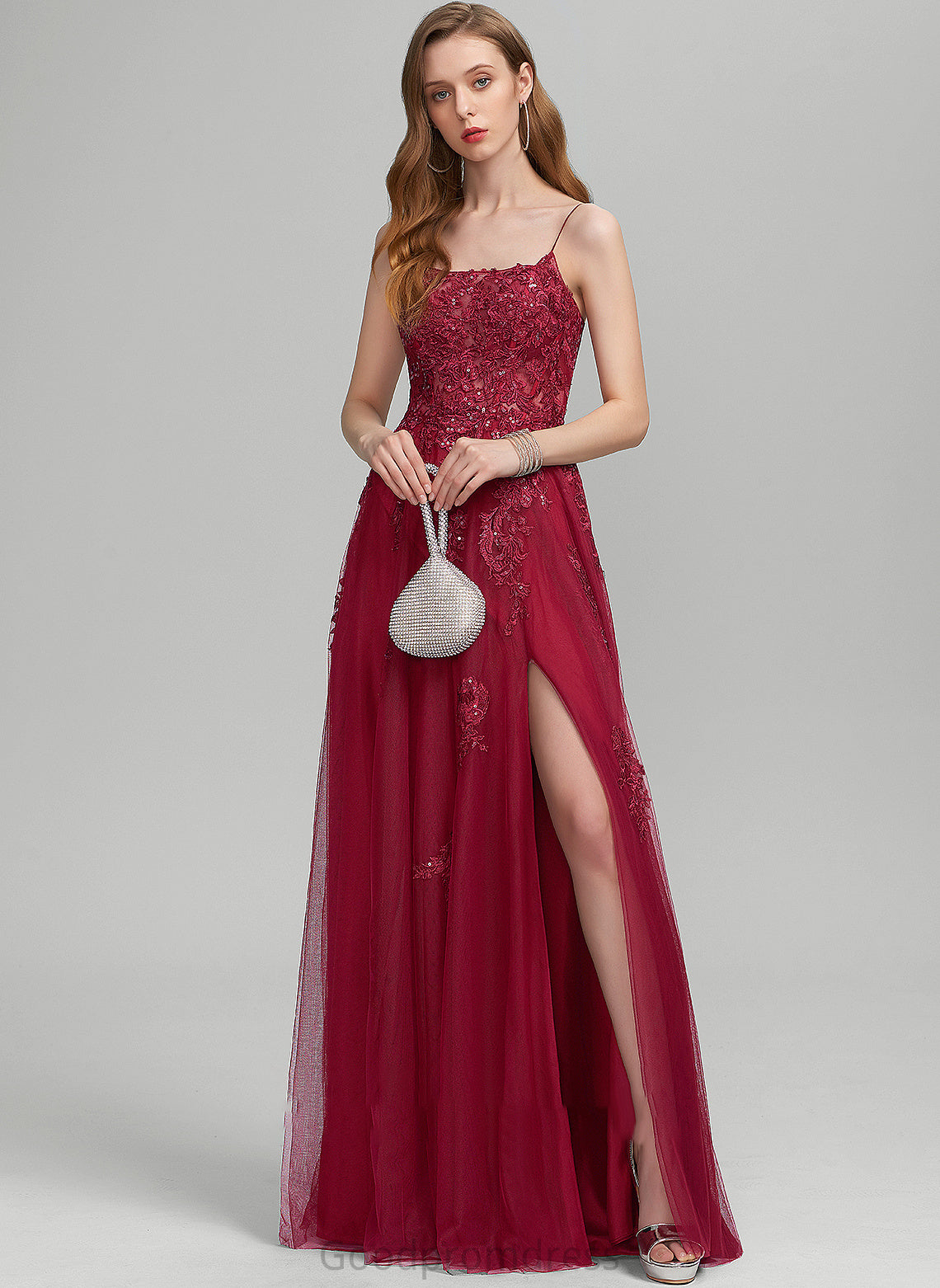 With Sequins Neckline Prom Dresses Split Maren Floor-Length Square Front Tulle A-Line