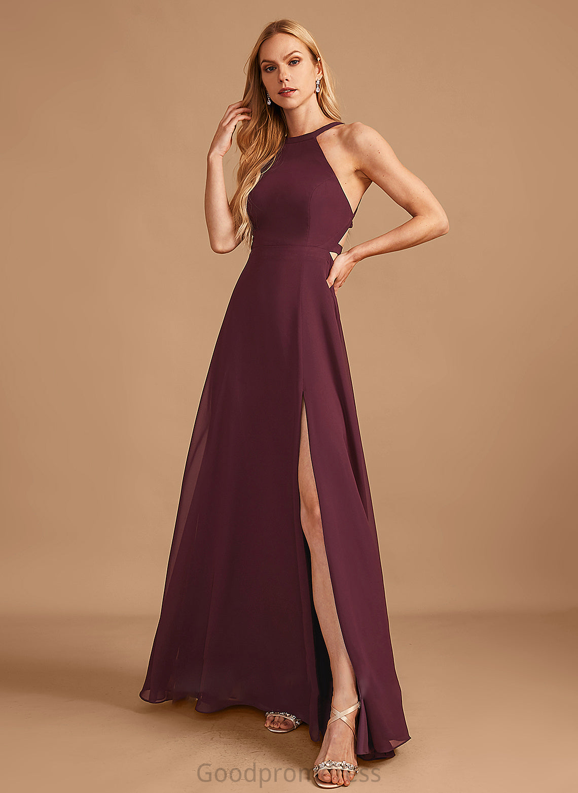 Embellishment Silhouette A-Line Floor-Length HighNeck Neckline SplitFront Fabric Length Alia Sleeveless Natural Waist Bridesmaid Dresses