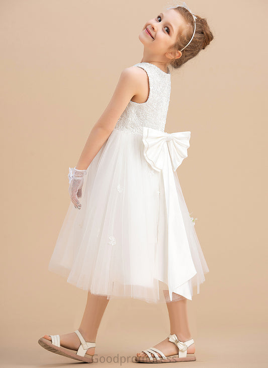 Girl Flower - Bow(s) A-Line Satin/Tulle Dress Tea-length Jenny Flower Girl Dresses Neck With Sleeveless Scoop
