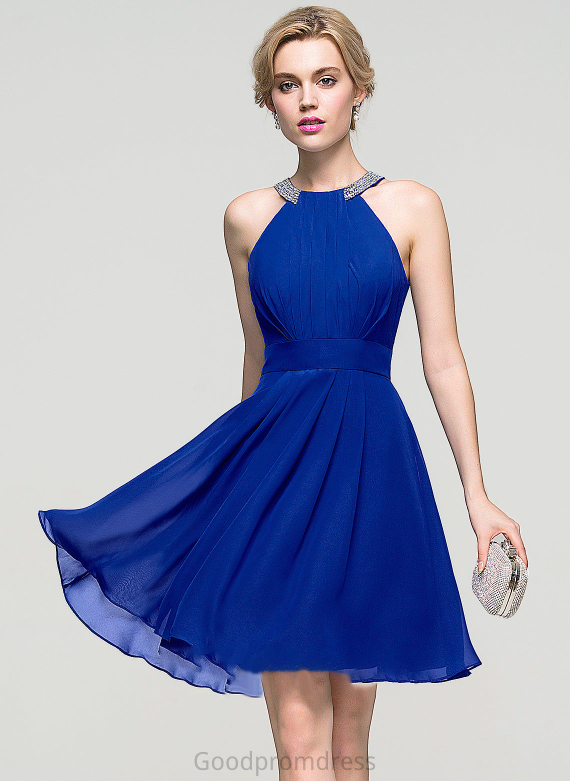 Neck Scoop Beading Knee-Length Chiffon Prom Dresses With Ruffle Ayana A-Line