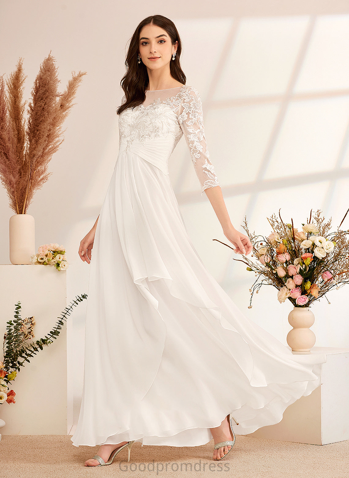 Beading Floor-Length Wedding With A-Line Dress Abigail Illusion Wedding Dresses Ruffle