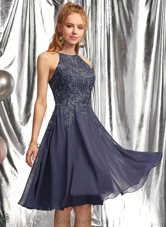A-Line Gwendolyn Prom Dresses Chiffon Scoop With Lace Appliques Knee-Length Neck